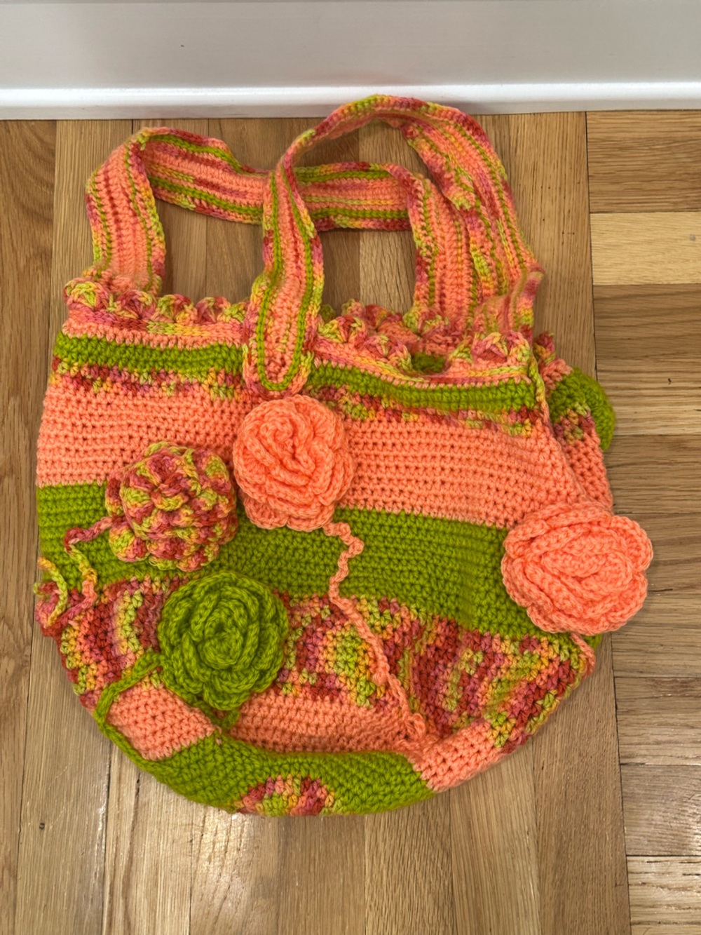 Handmade Crochet Floral Tote Bag in Peach & Lime Boho Coastal Grandma